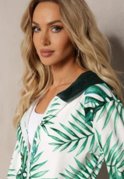 Ciemnozielony Komplet Dresowy Welurowy Bluza z Kapturem i Florystycznym Printem oraz Szerokie Luźne Spodnie Raiantise