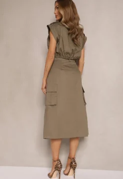 Ciemnozielony Komplet w Stylu Utility Koszula Cropped Bez Rękawów i Spódnica z Kieszeniami Notcha