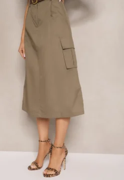 Ciemnozielony Komplet w Stylu Utility Koszula Cropped Bez Rękawów i Spódnica z Kieszeniami Notcha