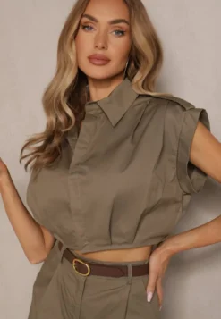 Ciemnozielony Komplet w Stylu Utility Koszula Cropped Bez Rękawów i Spódnica z Kieszeniami Notcha