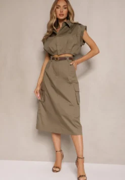 Ciemnozielony Komplet w Stylu Utility Koszula Cropped Bez Rękawów i Spódnica z Kieszeniami Notcha