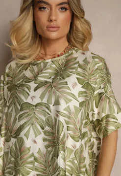 Ciemnozielony Komplet z Wiskozy Zdobiony Roślinnym Printem T-shirt i Szerokie Spodnie Evialena