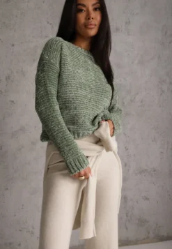 Ciemnozielony Sweter Basic Oversize z Szenilowej Dzianiny z Wełną Mirietha