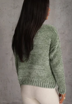 Ciemnozielony Sweter Basic Oversize z Szenilowej Dzianiny z Wełną Mirietha