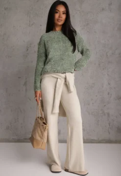 Ciemnozielony Sweter Basic Oversize z Szenilowej Dzianiny z Wełną Mirietha