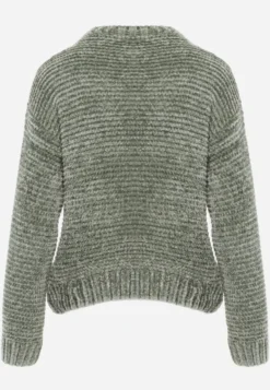Ciemnozielony Sweter Basic Oversize z Szenilowej Dzianiny z Wełną Mirietha