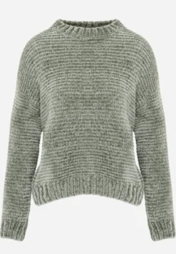 Ciemnozielony Sweter Basic Oversize z Szenilowej Dzianiny z Wełną Mirietha
