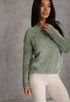 Ciemnozielony Sweter Basic Oversize z Szenilowej Dzianiny z Wełną Mirietha