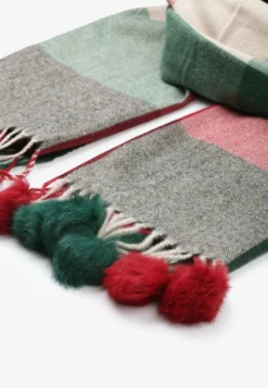 Ciemnozielony Szalik w Szeroką Kratę z Pomponami Voso