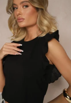 Czarna Bawełniana Bluzka z Haftowaną Falbanką Nalanira