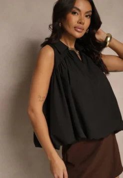 Czarna Bluza Oversize z Kołnierzykiem o Rozkloszowanym Kroju Erivelle