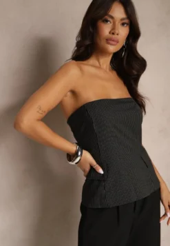 Czarna Bluzka Bez Rękawów o Taliowanym Kroju Bandeau z Imitacją Kieszeni Lionita