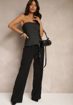 Czarna Bluzka Bez Rękawów o Taliowanym Kroju Bandeau z Imitacją Kieszeni Lionita