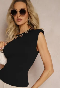 Czarna Bluzka Dzianinowa bez Rękawów z Łańcuchem Kathandra