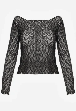 Czarna Bluzka Longsleeve z Koronki z Dekoltem w Stylu Łódki Chaldera