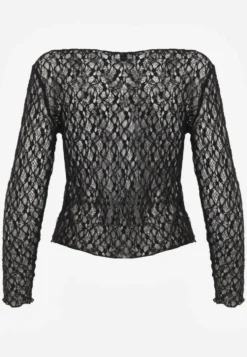 Czarna Bluzka Longsleeve z Koronki z Dekoltem w Stylu Łódki Chaldera