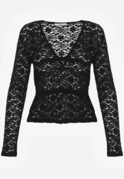 Czarna Bluzka Longsleeve z Koronki z Dekoltem w Kształcie Litery V Lerafera