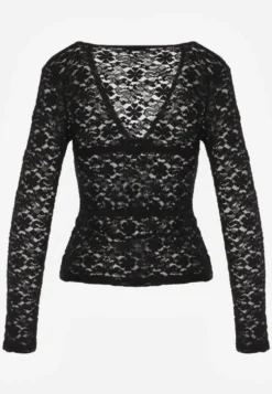Czarna Bluzka Longsleeve z Koronki z Dekoltem w Kształcie Litery V Lerafera
