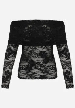 Czarna Bluzka Longsleeve z Koronki z Wywijanym Dekoltem z Odkrytymi Ramionami Amarie
