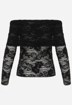 Czarna Bluzka Longsleeve z Koronki z Wywijanym Dekoltem z Odkrytymi Ramionami Amarie
