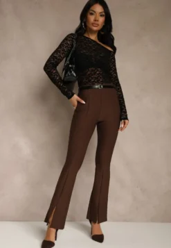 Czarna Bluzka Longsleeve z Koronki z Asymetrycznym Dekoltem Liwedisa