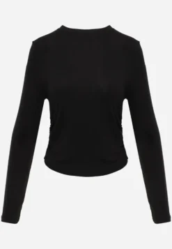 Czarna Bluzka Longsleeve z Marszczeniem z Półtransparentnej Tkaniny z Lyocellu Kiava