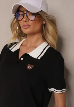 Czarna Bluzka Polo z Krótkim Rękawem z Dzianiny z Wiskozą Adalira
