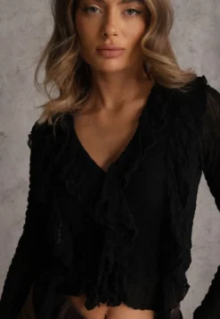 Czarna Bluzka VICES z Tłoczonej Siateczki Zdobiona Falbankami Nivite