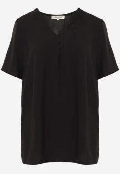 Czarna Bluzka z Haftowanym Dekoltem i Krótkimi Rękawami Junelia
