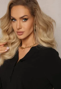 Czarna Bluzka z Wiskozy z Kieszeniami i Guzikami przy Dekolcie Somaile
