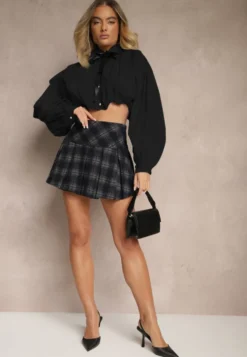 Czarna Bufiasta Koszula z Bawełny w Stylu Retro z Ozdobną Kokardą Frulla
