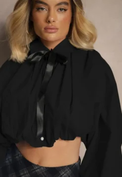 Czarna Bufiasta Koszula z Bawełny w Stylu Retro z Ozdobną Kokardą Frulla
