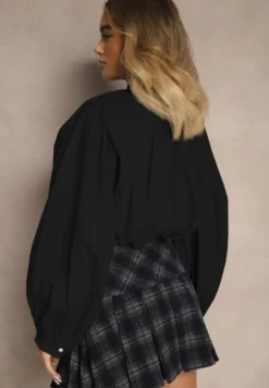 Czarna Bufiasta Koszula z Bawełny w Stylu Retro z Ozdobną Kokardą Frulla