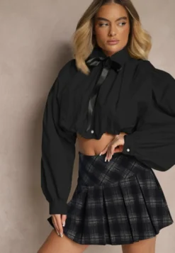 Czarna Bufiasta Koszula z Bawełny w Stylu Retro z Ozdobną Kokardą Frulla