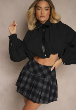 Czarna Bufiasta Koszula z Bawełny w Stylu Retro z Ozdobną Kokardą Frulla
