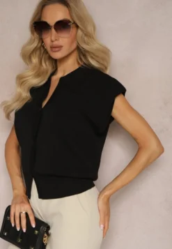 Czarna Casualowa Bluzka Polo w Stylu Dzianinowej Kamizelki z Usztywnionymi Ramionami Aidelma