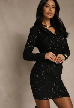 Czarna Cekinowa Sukienka Elegancka o Dopasowanym Kroju z Dekoltem Woda Silweda
