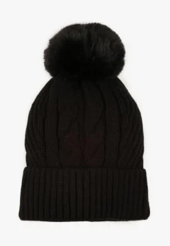 Czarna Czapka Typu Beanie Zdobiona Pomponem i Warkoczowym Splotem Ocieplana Futrem Zenedi