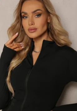 Czarna Dopasowana Bluza w Sportowym Stylu na Suwak Veralia