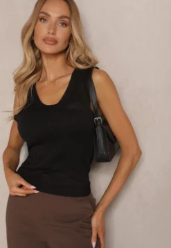 Czarna Dzianinowa Bluzka Top z Wiskozy Zdobiona Metaliczną Nicią Alandwen