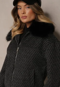 Czarna Elegancka Kurtka z Kołnierzem z Futerka i Błyszczącą Nicią Vertilora