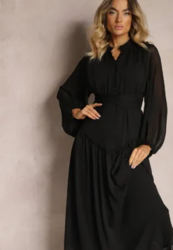 Czarna Elegancka Sukienka w Stylu Vintage z Powlekanymi Guzikami i Marszczeniami Lefandia