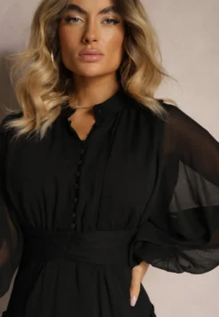 Czarna Elegancka Sukienka w Stylu Vintage z Powlekanymi Guzikami i Marszczeniami Lefandia