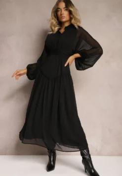 Czarna Elegancka Sukienka w Stylu Vintage z Powlekanymi Guzikami i Marszczeniami Lefandia