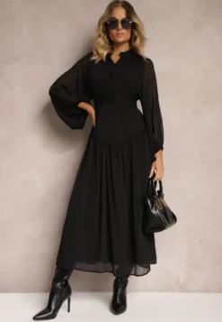 Czarna Elegancka Sukienka w Stylu Vintage z Powlekanymi Guzikami i Marszczeniami Lefandia