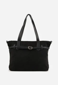 Czarna Elegancka Torebka Shopper Bag o Fakturze Zamszu z Paskiem z Klamerką Mudrey