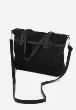 Czarna Elegancka Torebka Shopper Bag o Fakturze Zamszu z Paskiem z Klamerką Mudrey