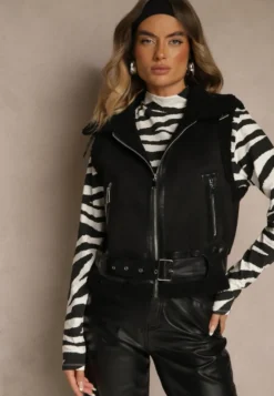 Czarna Kamizelka w Rockowym Stylu z Futerkiem w Stylu Baranka i Klamrą Tiofira