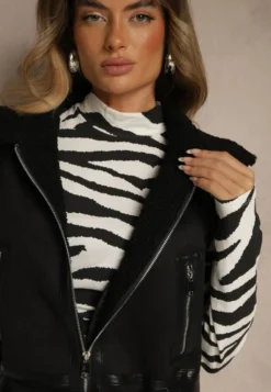 Czarna Kamizelka w Rockowym Stylu z Futerkiem w Stylu Baranka i Klamrą Tiofira