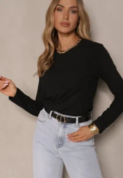 Czarna Klasyczna Bluzka Longsleeve z Wiskozy Lealindra